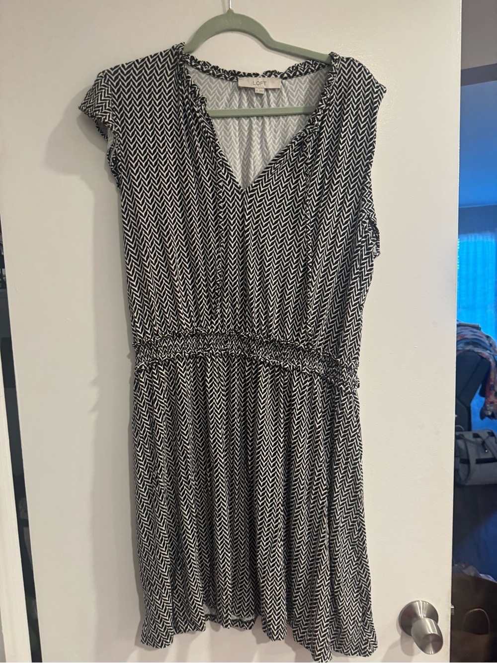 LOFT Black and White Chevron Midi Dress with V-Neck